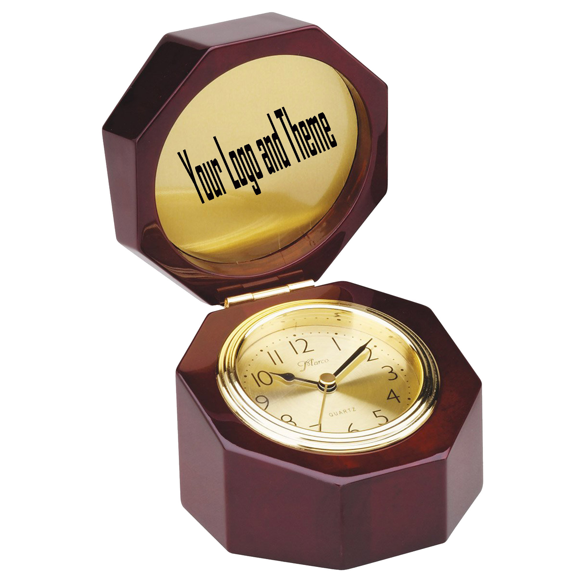 Jumbo Octagon Desk Clock with Gold Face Quartz Movement in Rosewood Box. 2