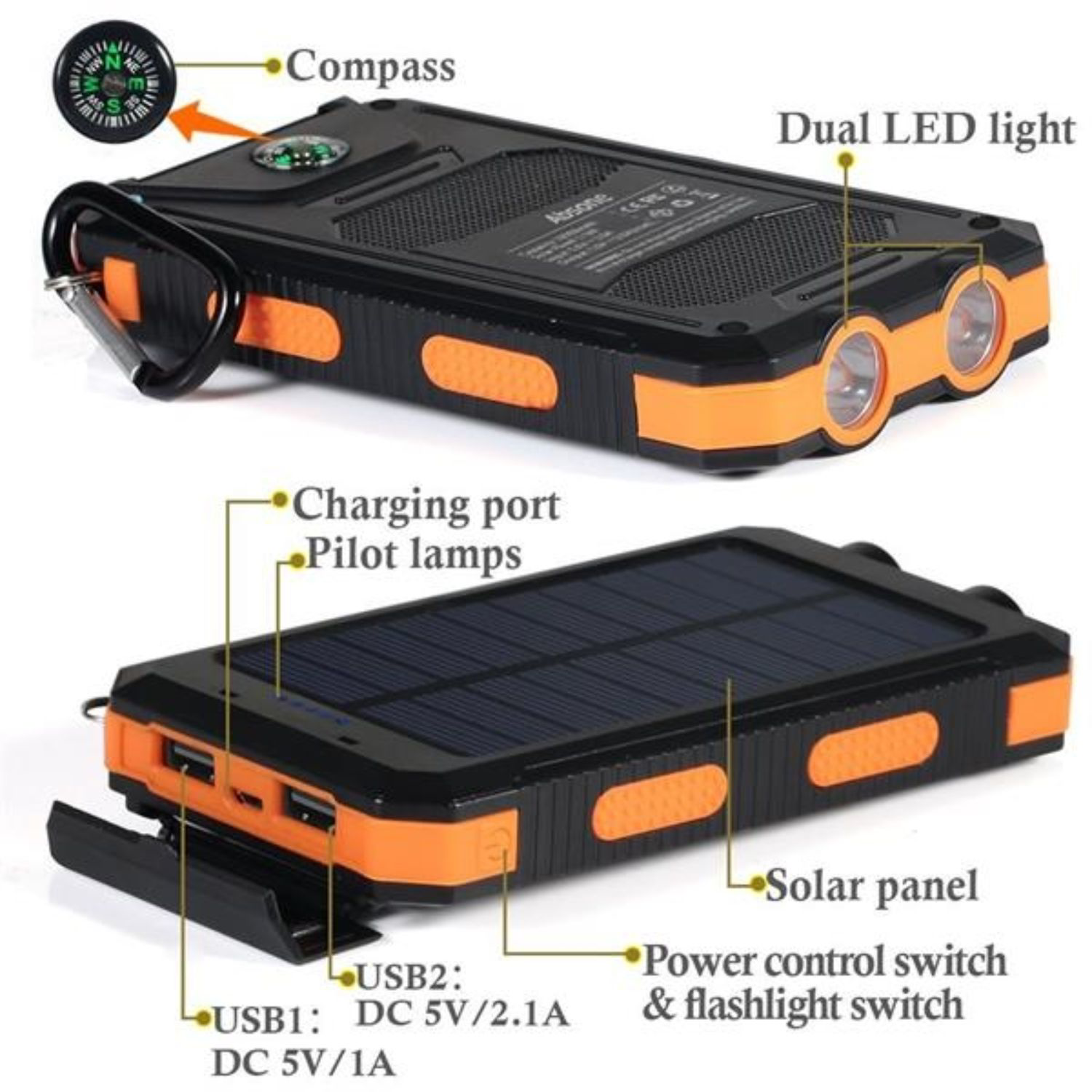 Waterproof Compass Solar Power Bank 10000mah 8