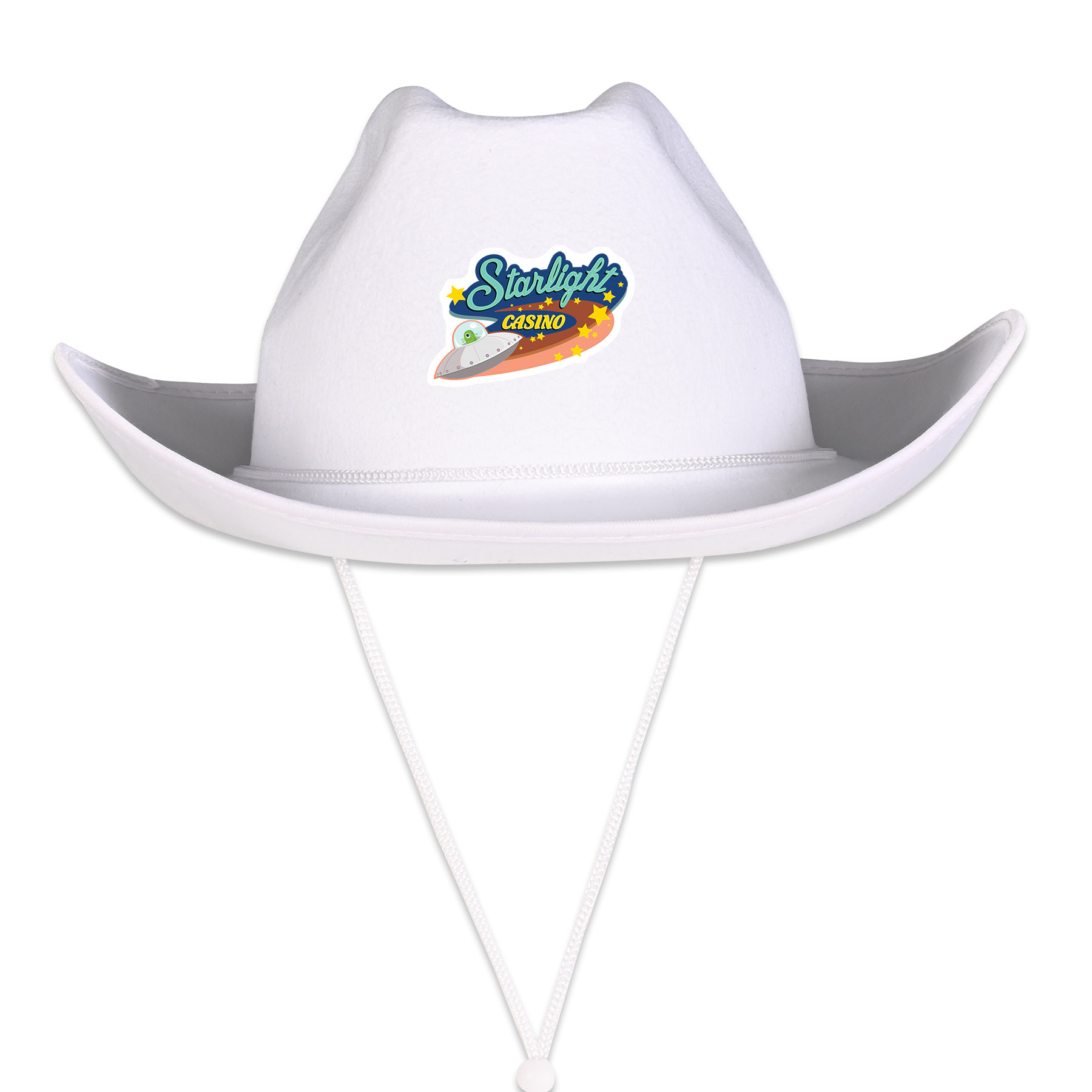 White Cowboy Hats w/ Adjustable Chin Strap with a Faux Leather Icon 1