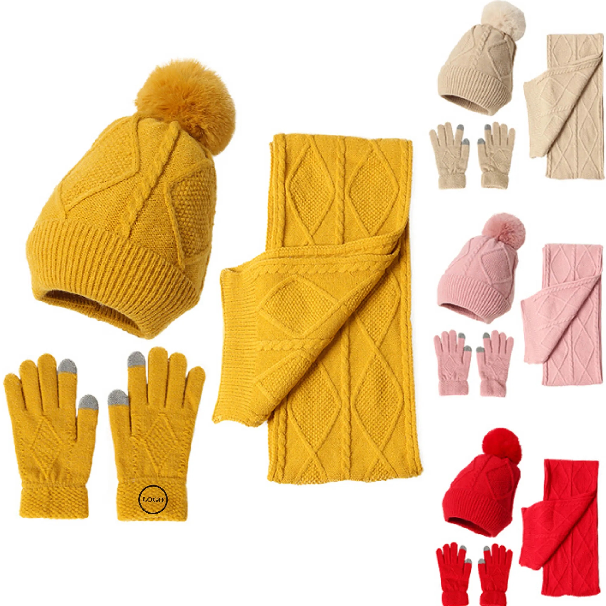 Winter Knit Scarf Set with Hat and Touchscreen Gloves