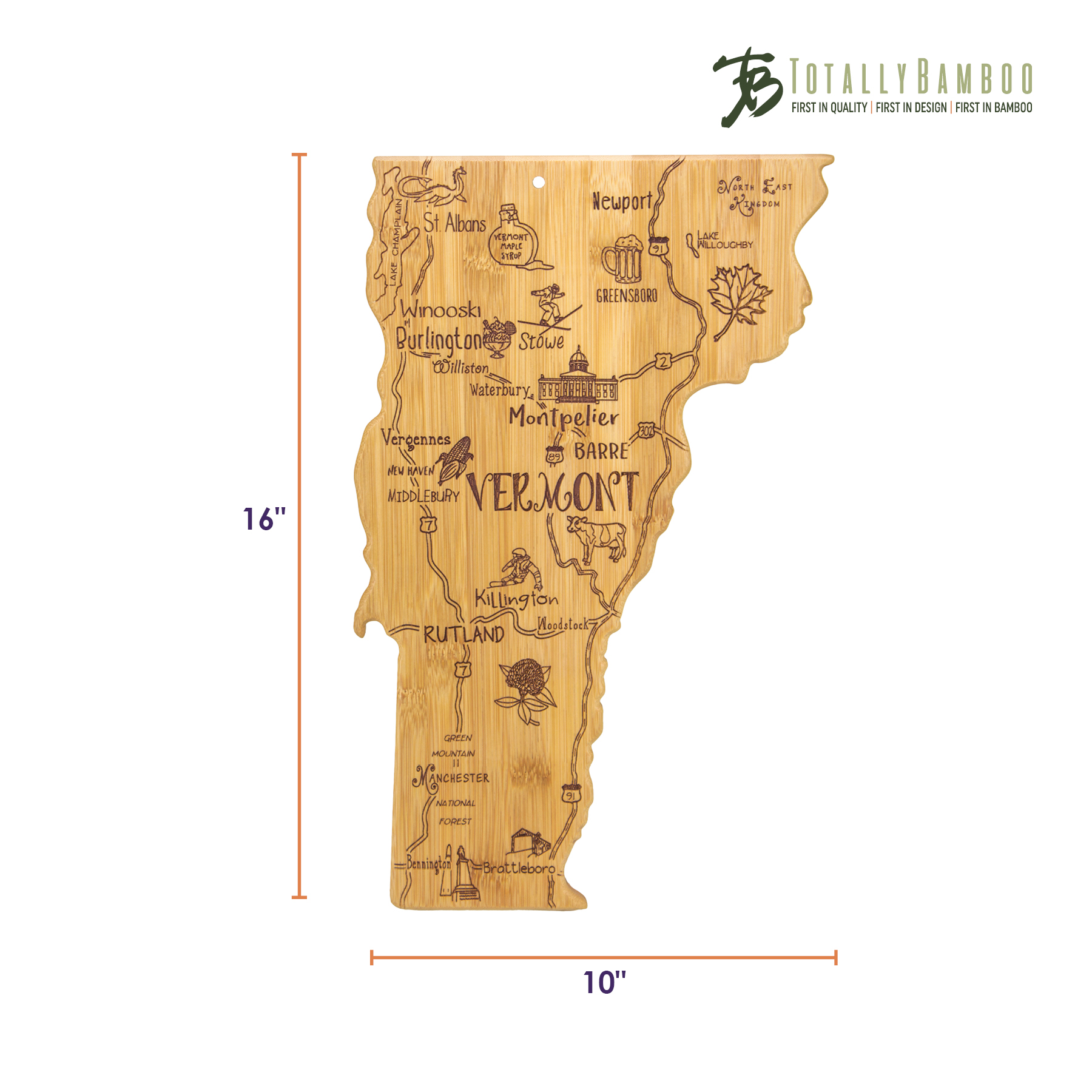 Destination Vermont State Shaped Bamboo Serving and Cutting Board 6