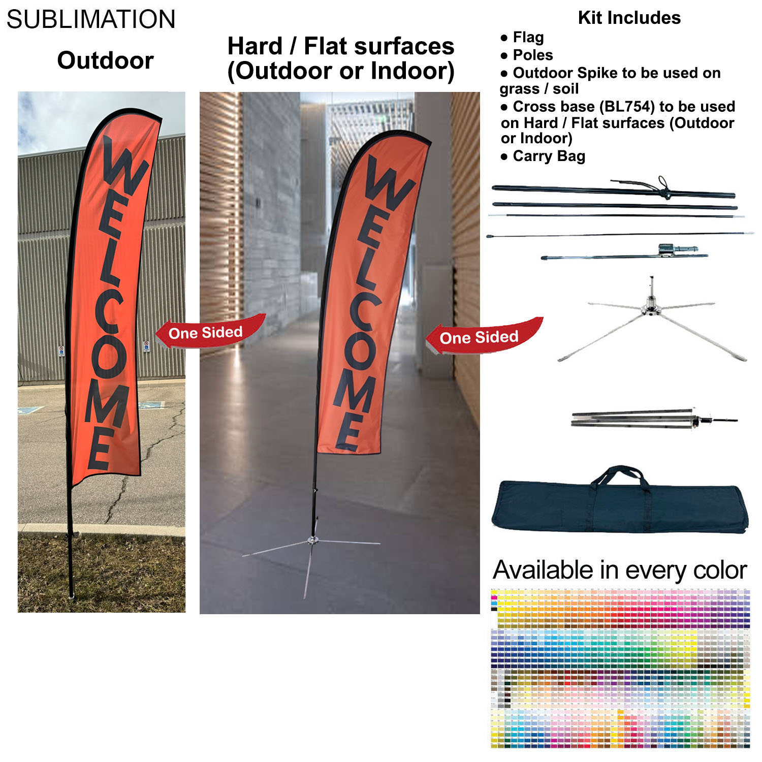 10' Small Feather Flag Kit, Full Color Graphics One Side, Outdoor Spike base, Indoor Cross Base 3