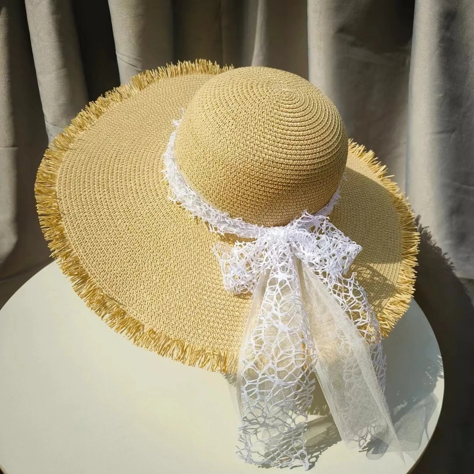 Custom Branded Wide Brim Lace Straw Hat for Outdoor Events 1