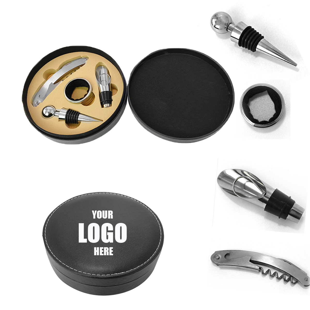Leatherette Round Case W/ 4 PC Wine Set W/ Corkscrew 1