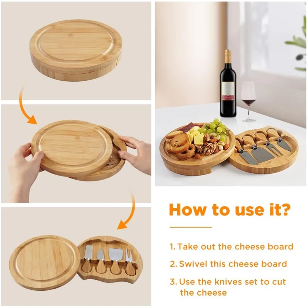 Custom Bamboo Cheese Board Knife Set House Warming Gifts 5