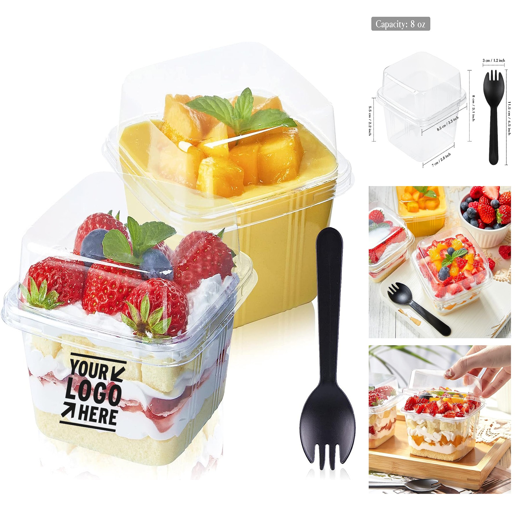 8 OZ Strawberry Square Dessert Clear Plastic To Go Container Cake Cup with Lid Spork 1