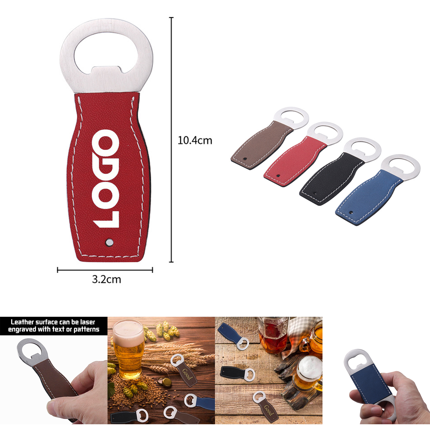 Stainless Steel Flat Bottle Opener with Leather Handle 2