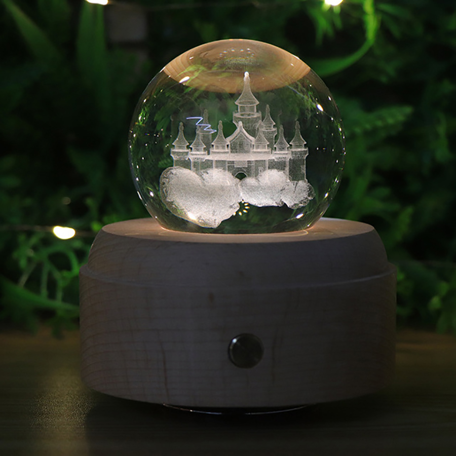 3D LED Night Light And Crystal Ball Music Box With Wooden Base 5