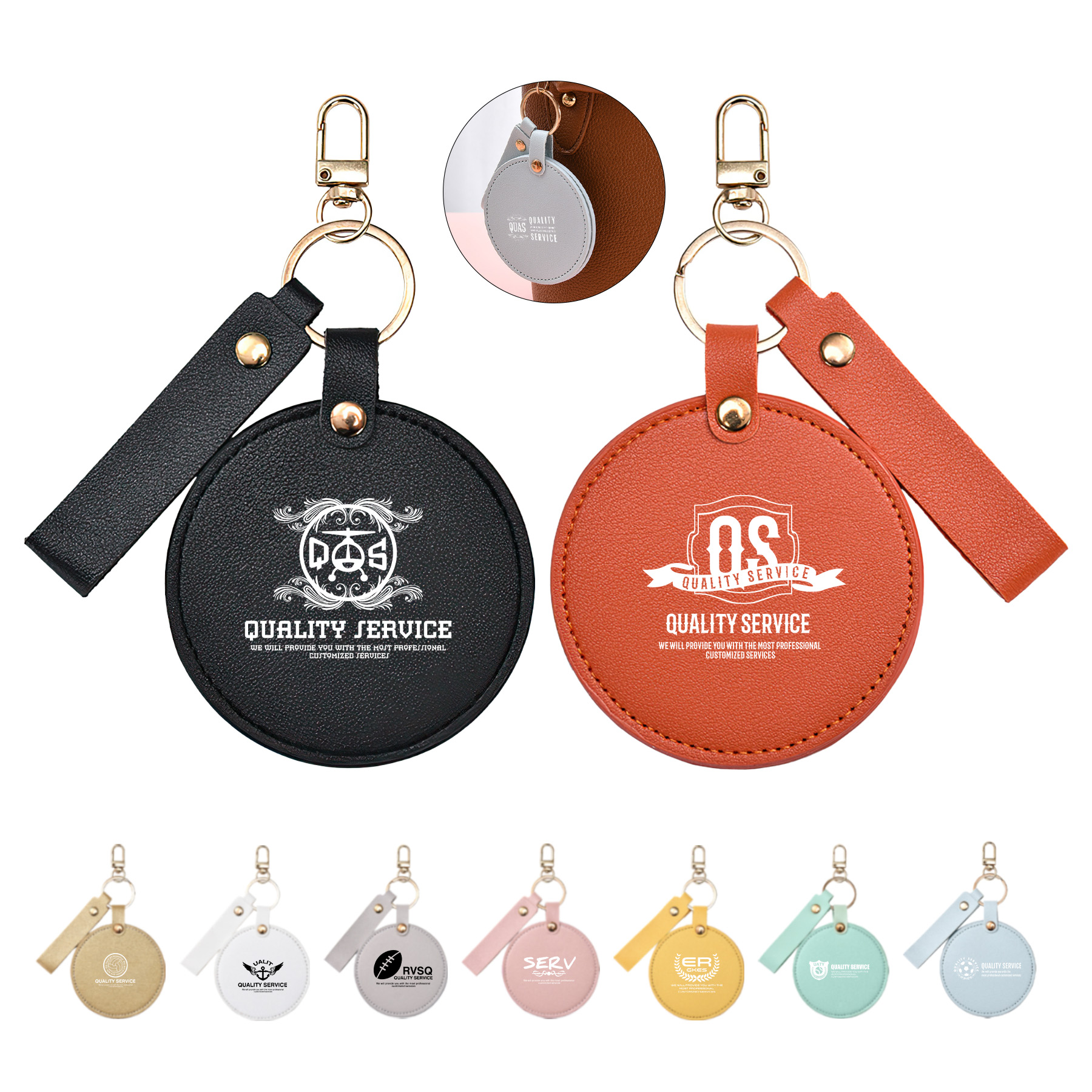Compact Round Leather Makeup Mirror Keychains 9