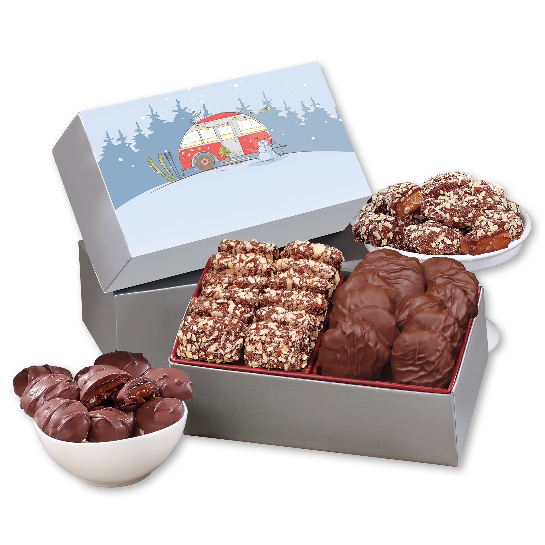 Toffee & Pecan Clusters in Gift Box with Winter Camper Sleeve 2