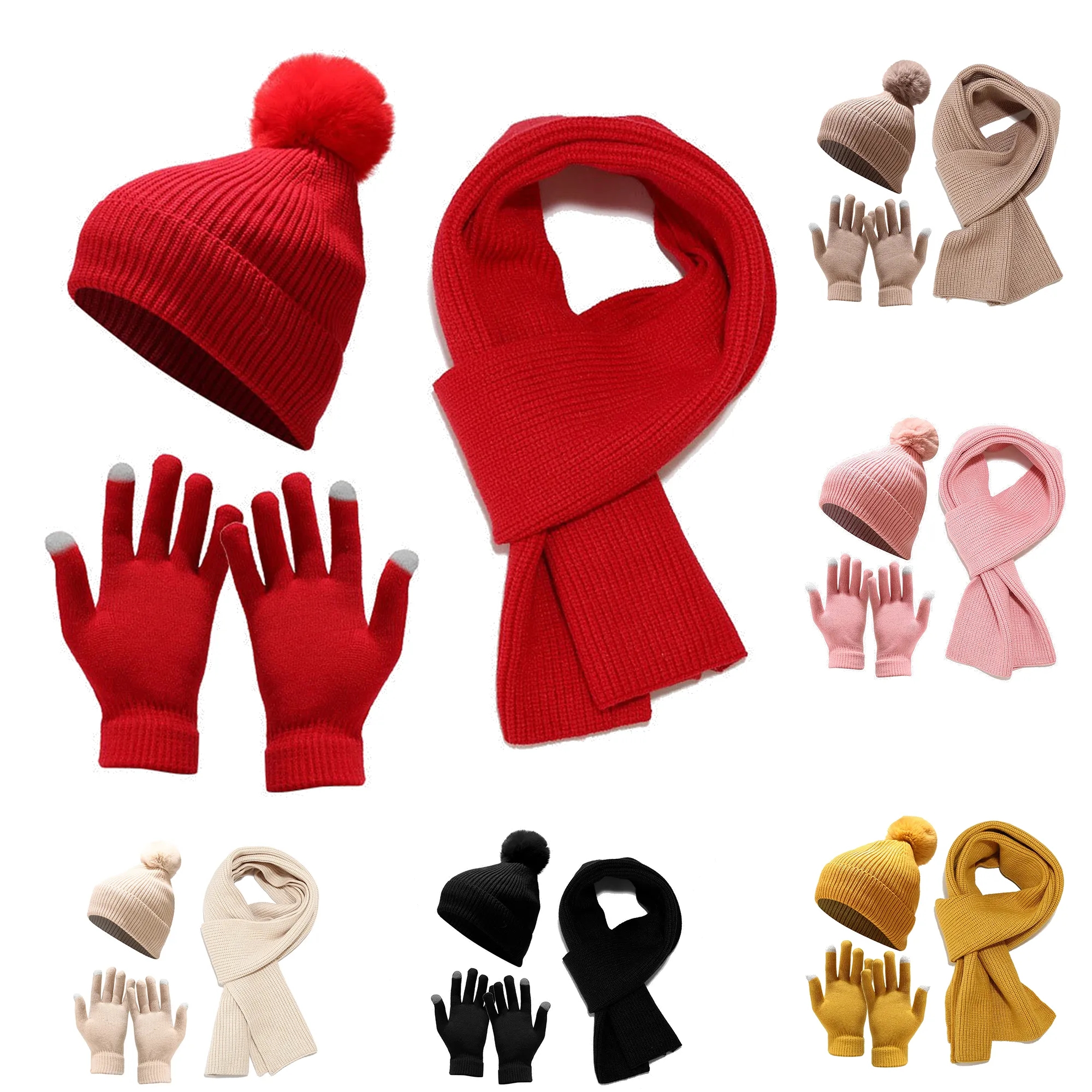 Winter Beanie Hat+ Scarf+Touch Screen Gloves Set 2