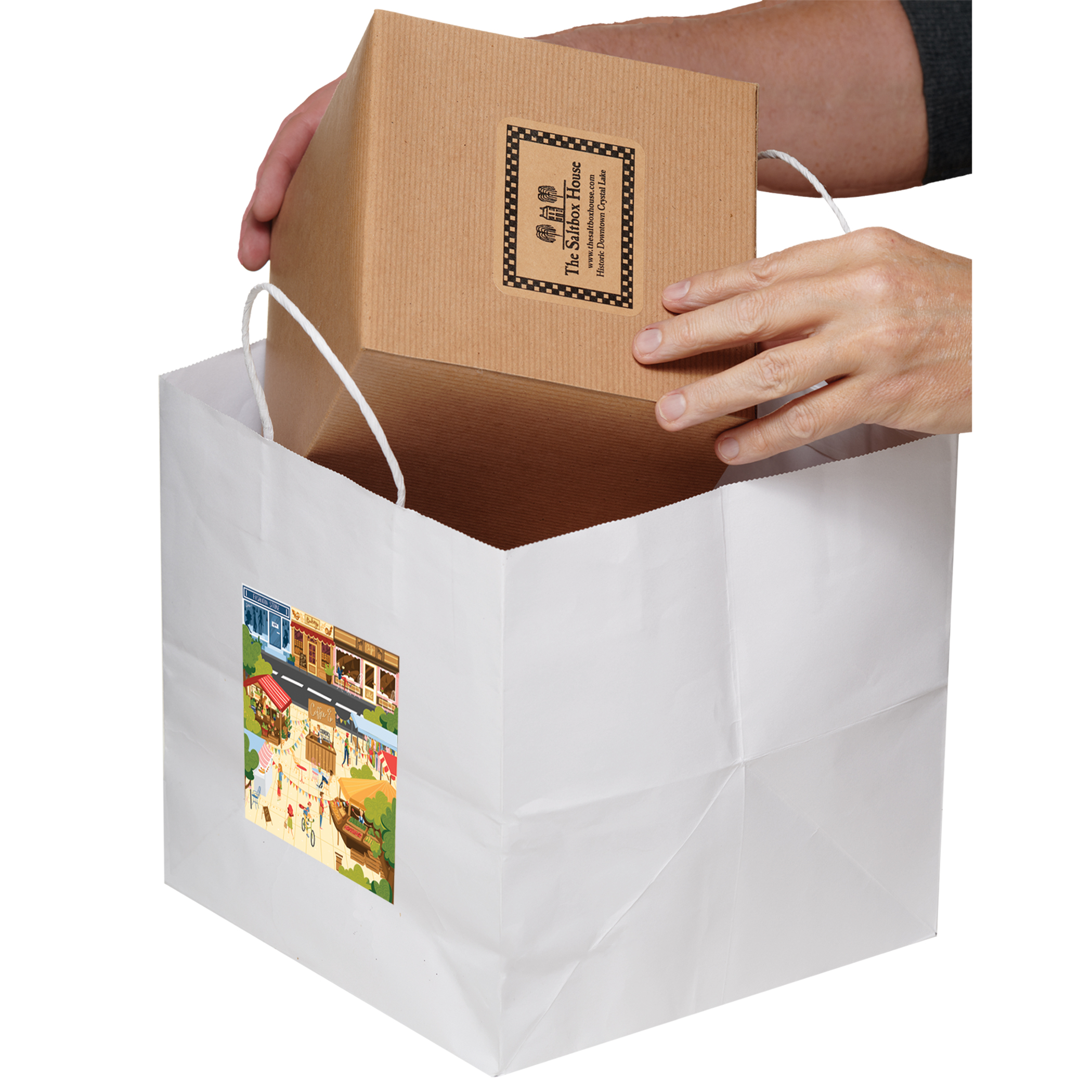 White Kraft Paper Shopper with Twisted Paper Handles - Take-Out Bag 1