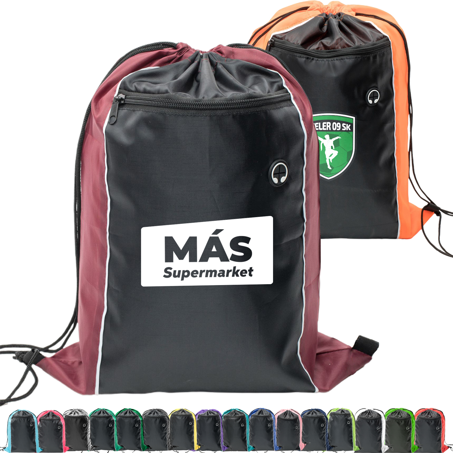Tri-Color Drawstring Backpack with Earphone Slot & Front Zipper (14" x 18") 9