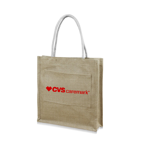 Natural Hook & Loop Closure Jute Tote Bag W/ Front Pocket, custom tote bag with logo imprint 2