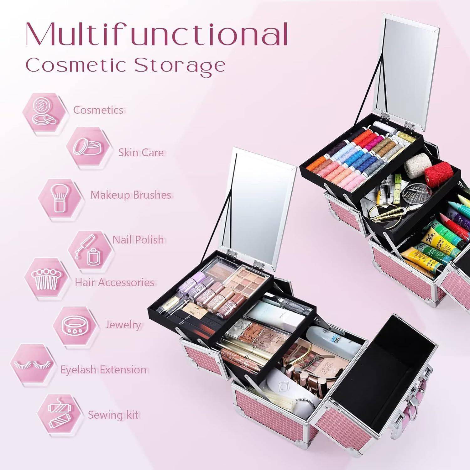 Portable Diamond Patterned Pink Makeup Case With Mirror 5