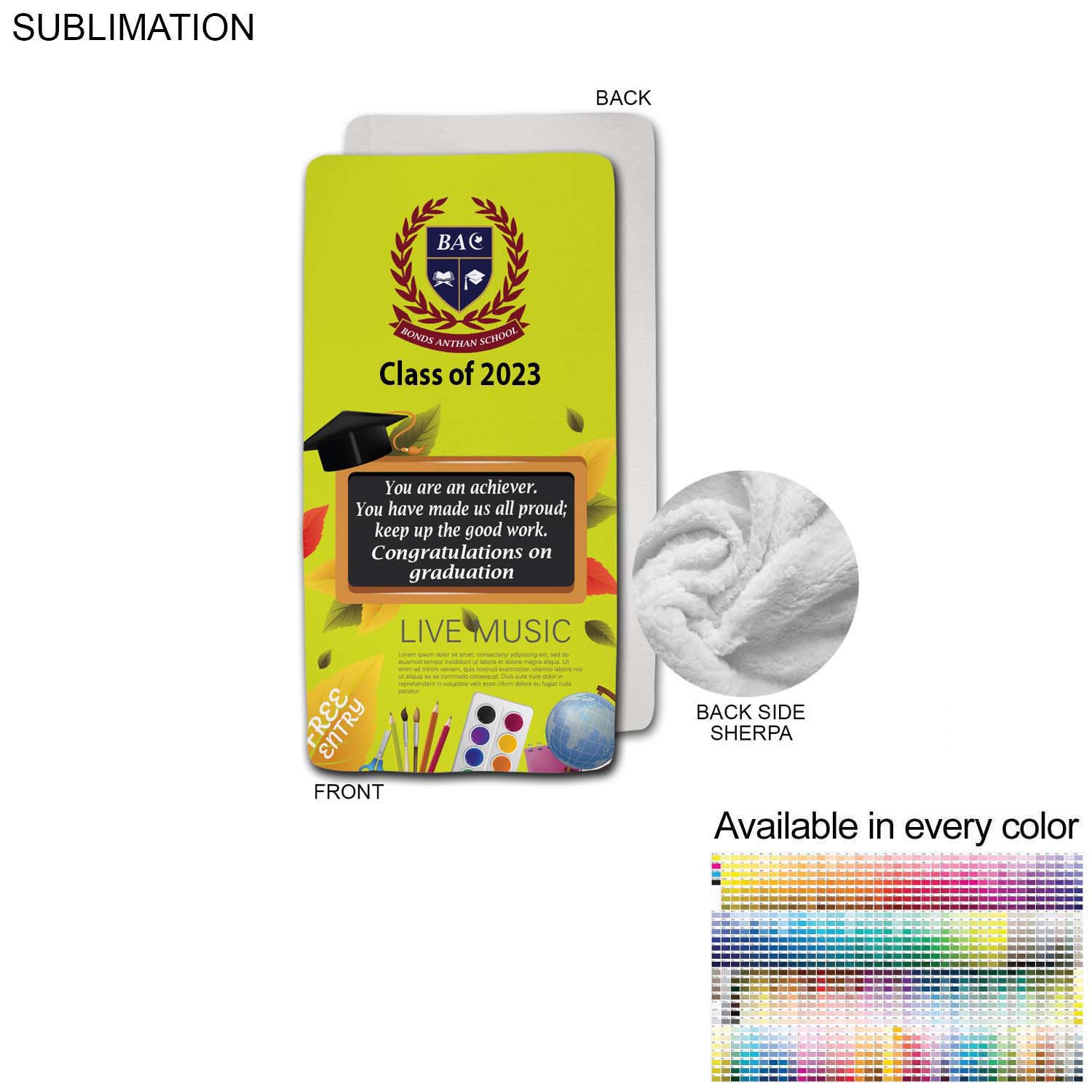 Graduation Blanket in Plush Sherpa Faux Wool Lined Micro Mink, 30x60, Stadium size, Sublimated 5