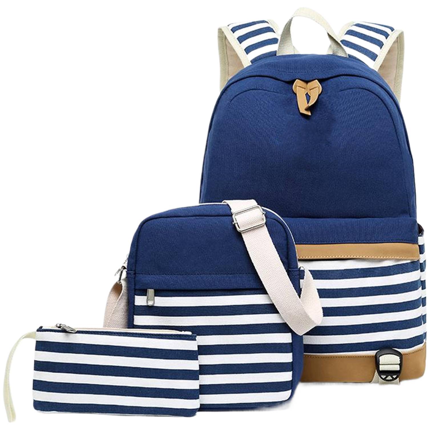 3Pcs Women Lightweight Stripe Canvas Backpack Set 6