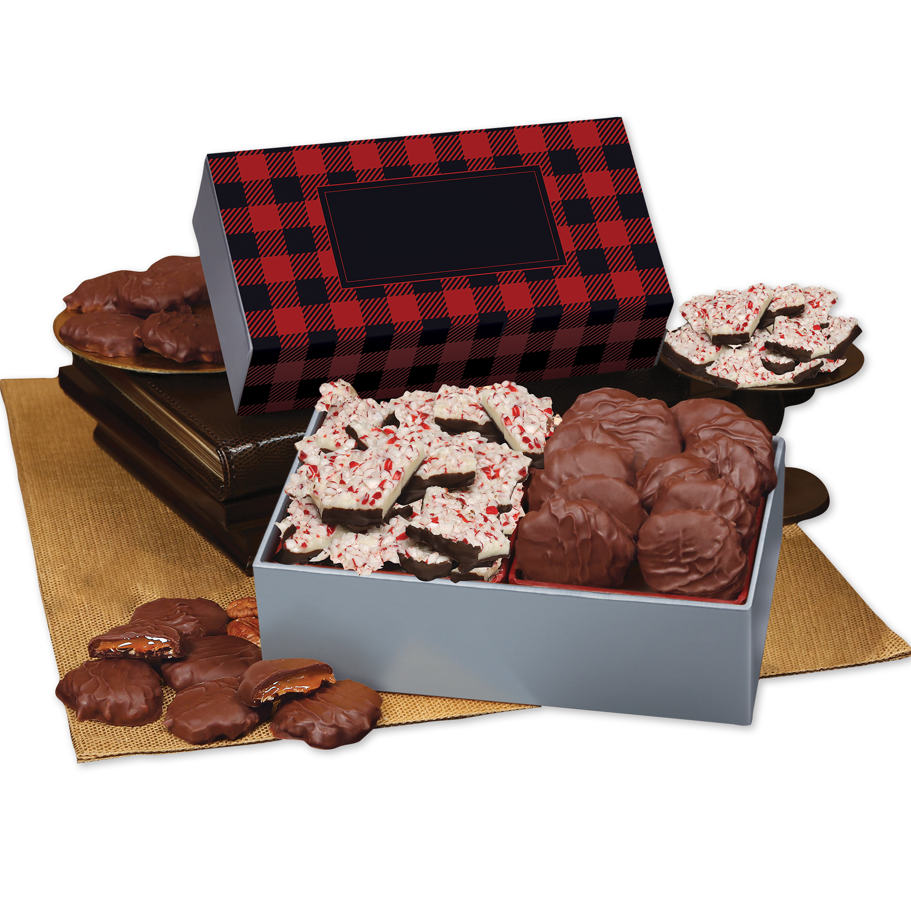 Peppermint Bark & Pecan Clusters in Gift Box with Red & Black Plaid Sleeve 2