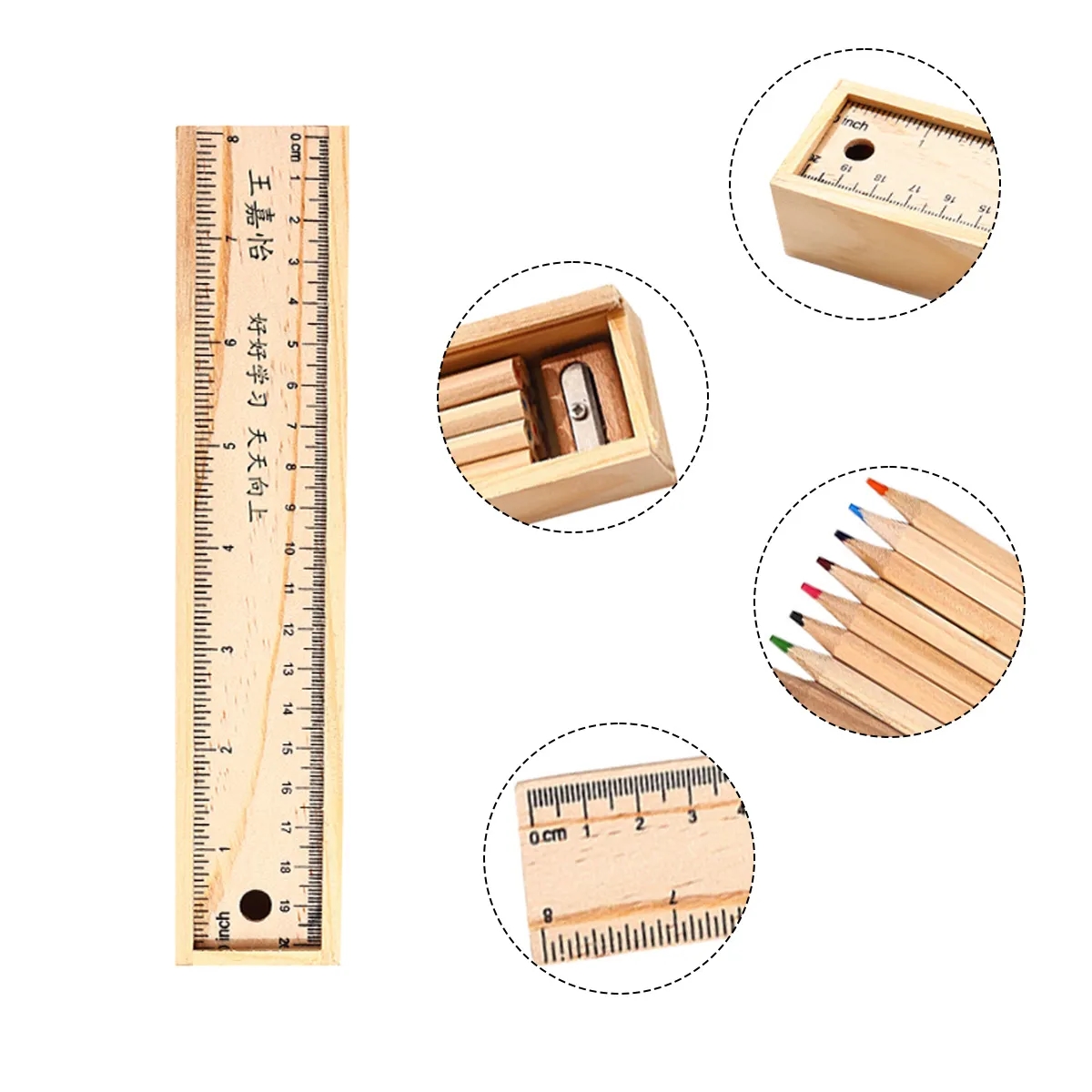 Wooden Ruler Pencil-Box With 12 Colored Pencils 3