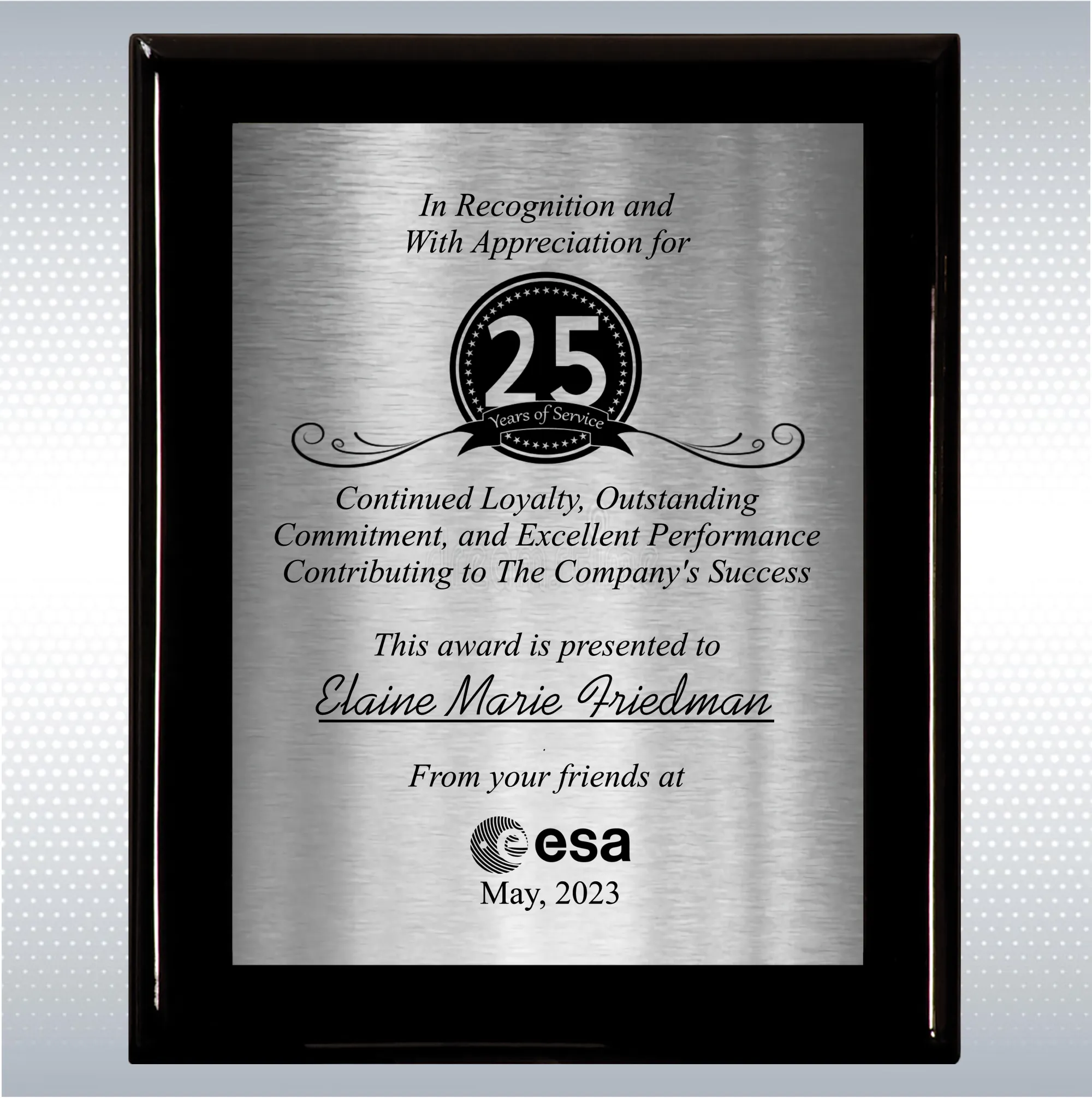 Black Piano Finish Wood Plaque Personalized Years of Service 21