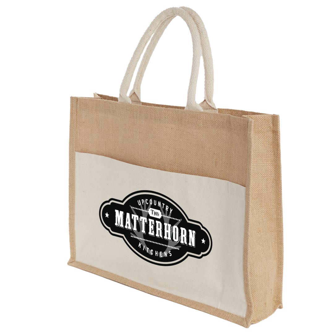 Jute Shopper Tote with Recycled Cotton Pocket, custom tote bag with logo imprint 12