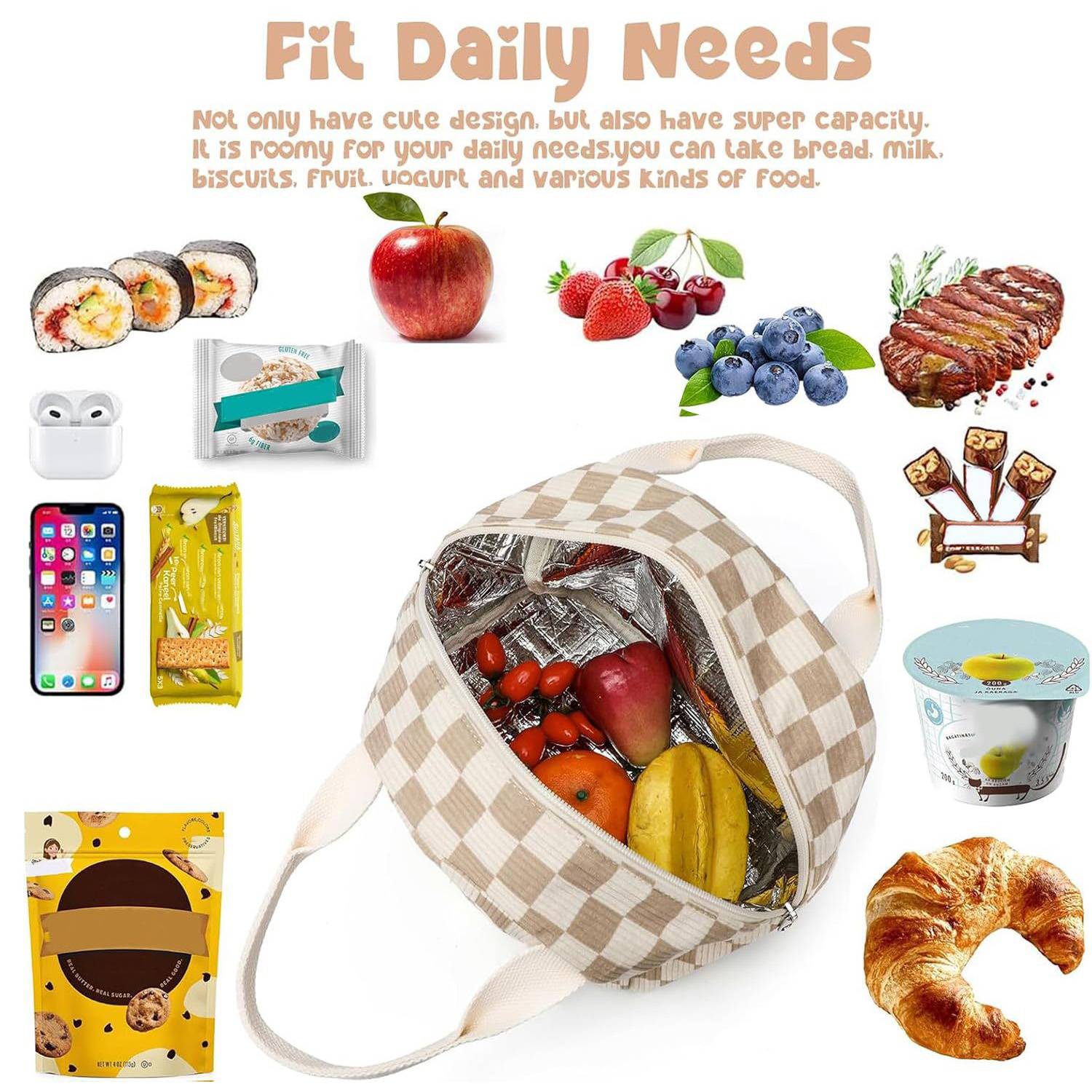 10L Plaid Corduroy Lunch Cooler Bag for Travel Picnic 6