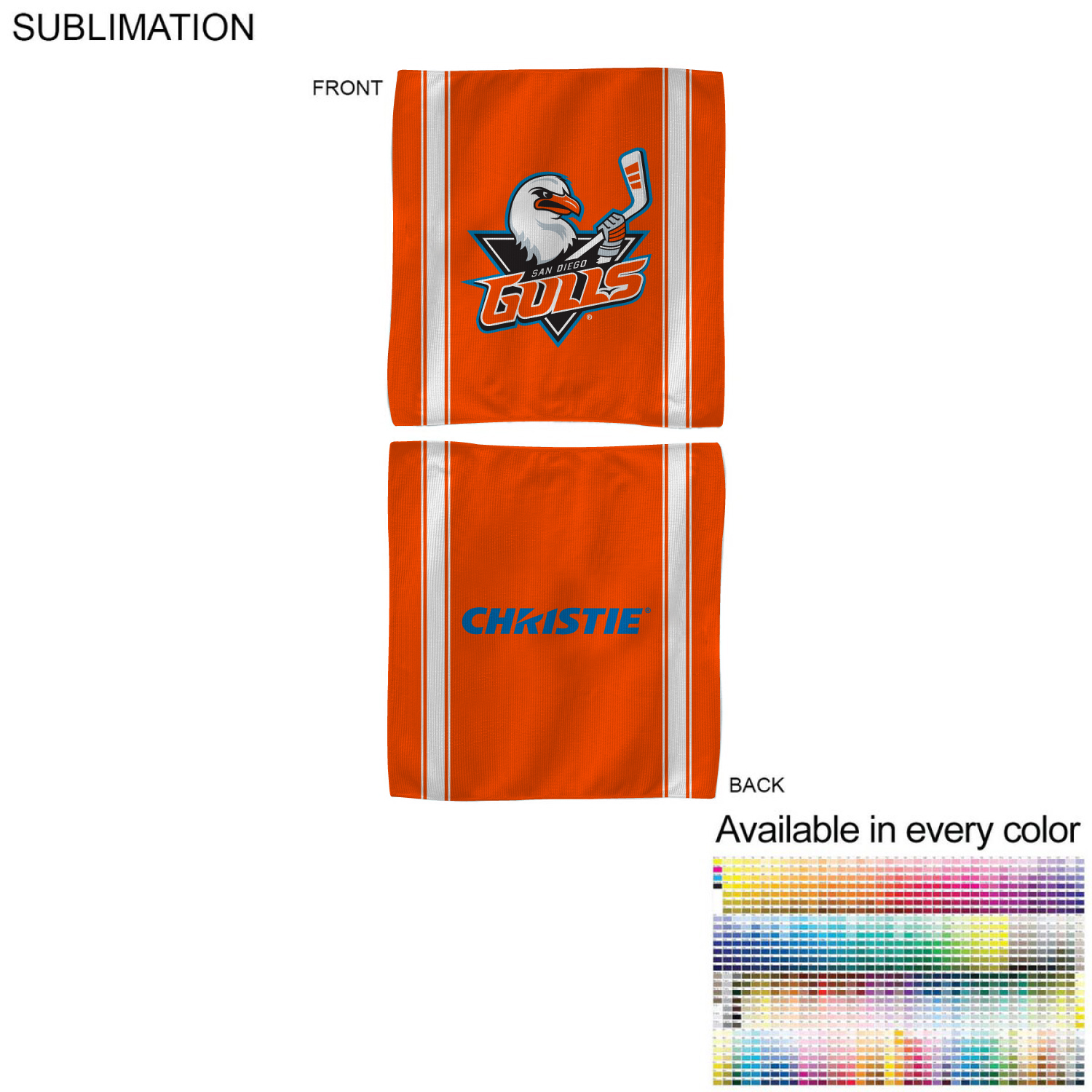 Colored Sublimated Rally, Skate Towels with Jersey stripes, 10x10, Sublimated Edge to Edge 2 sides 4