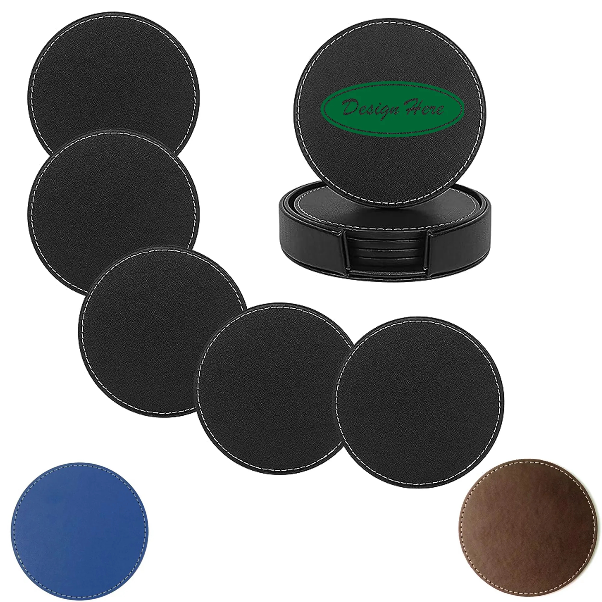 Set of 5 Premium PU Leather Coaster with Holder 2