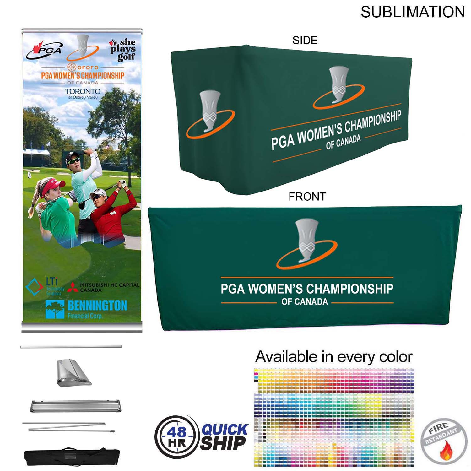 48Hr Quick Ship - Outdoor Event Package 2, Deluxe pull up banner + Premium 6' box fit tablecloth 7