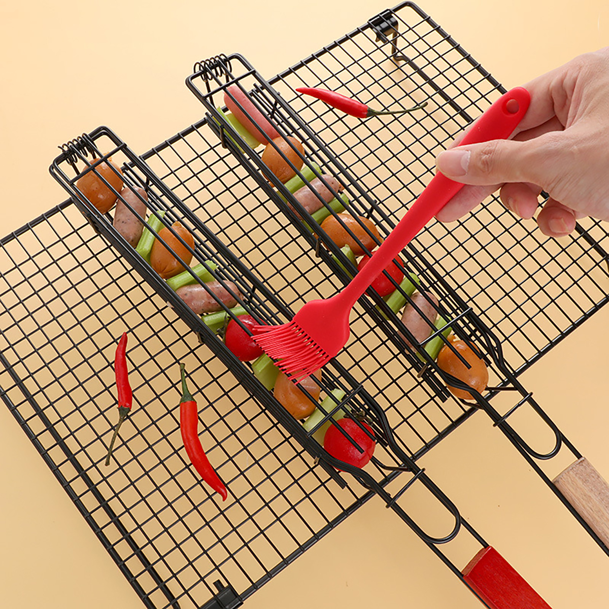 BBQ Grill Basket With Wooden Handle for Fish Vegetables 3