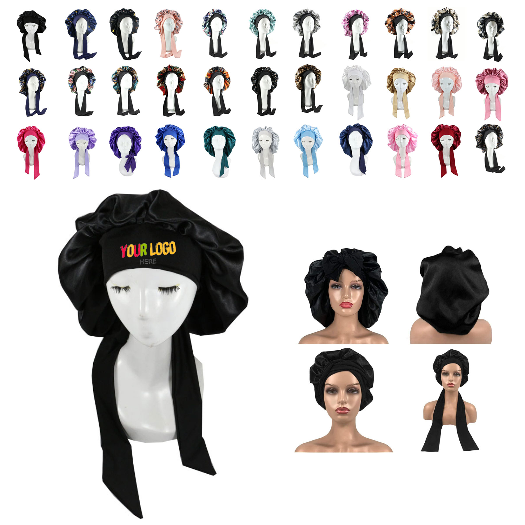Large Satin Sleep Bonnet With Long Strap 1