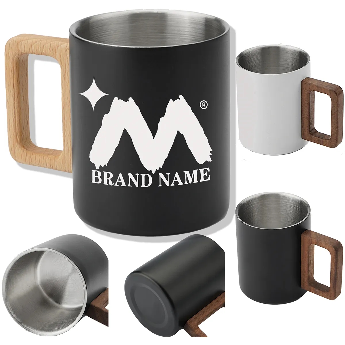 Double Wall Stainless Steel Mug With Walnut Wooden Handle 3