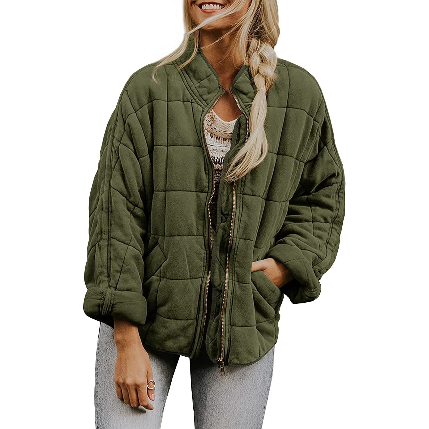 Womens Quilted Puffer Jackets Warm Outwear Tops with Pockets 5