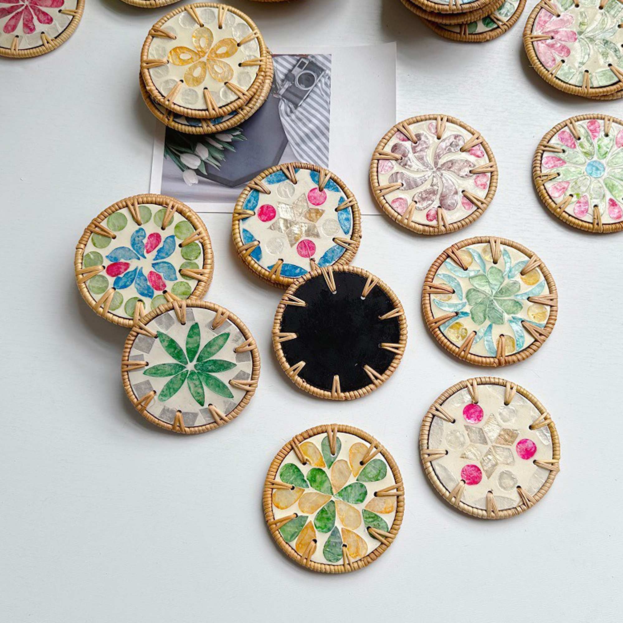 Handcrafted Seashell Mosaic Rattan Coaster MOQ25 5