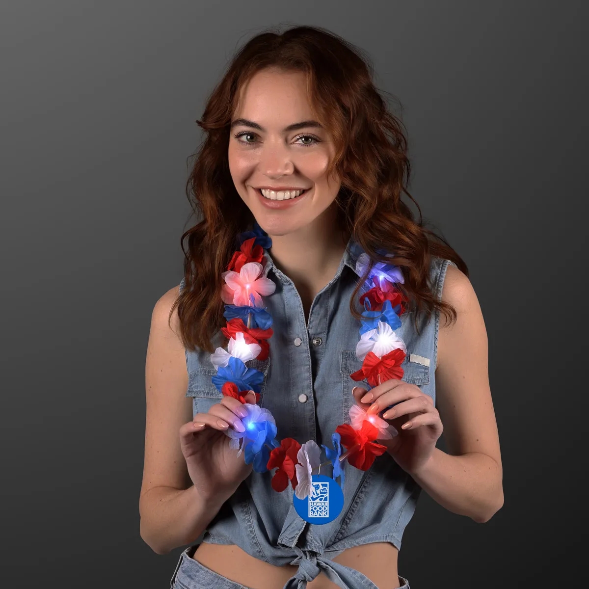 Red, White & Blue LED Hawaiian Lei with Medallion 10