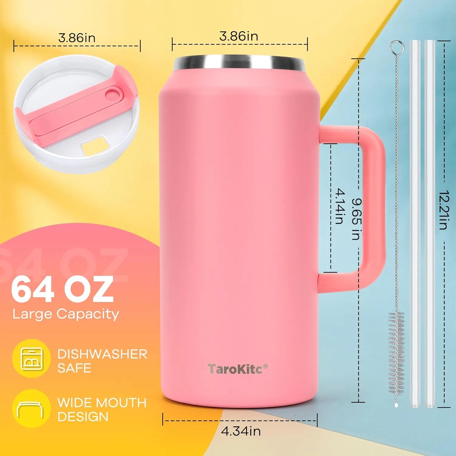 64 oz Stainless Steel Insulated Travel Mug With Straws 3