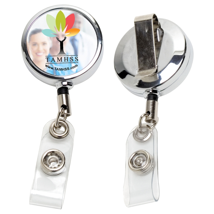 30"Cord Chrome Solid Metal Retractable Badge Reel and Badge Holder with Full Color Vinyl Label Imp