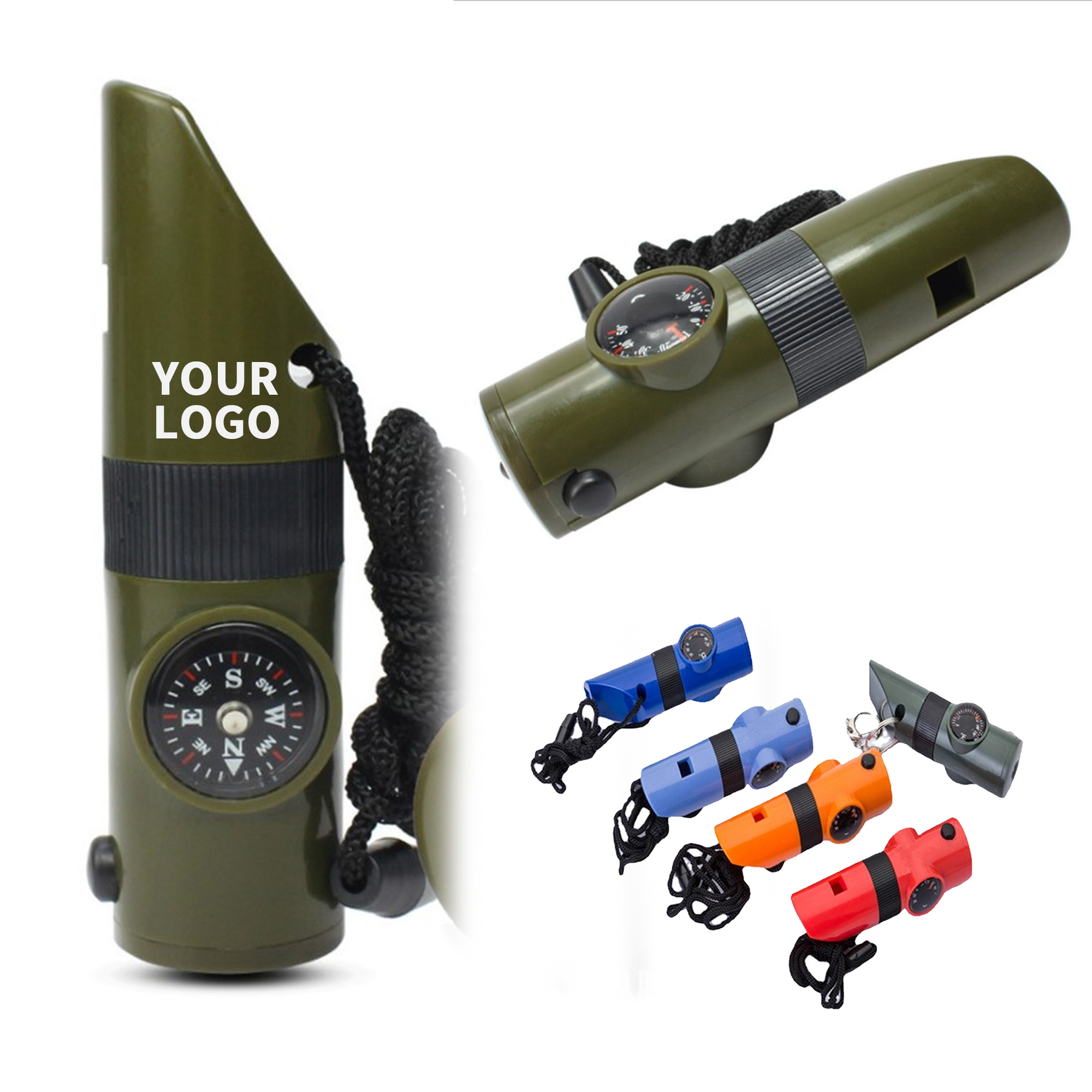 Seven In One Survival Whistle With Compass Thermometer Storage 3.94" 3