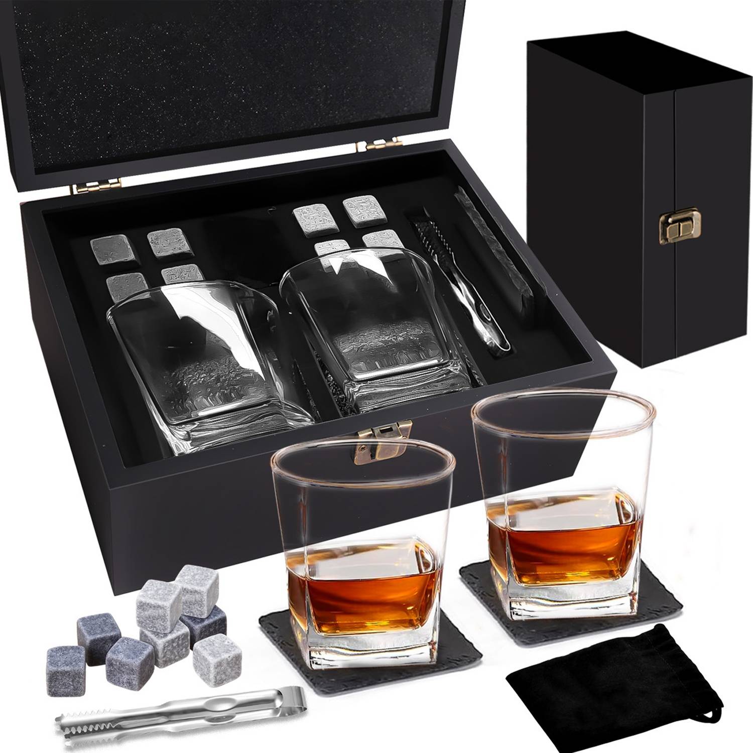 Whiskey Stones Glass Wooden Box Set 4