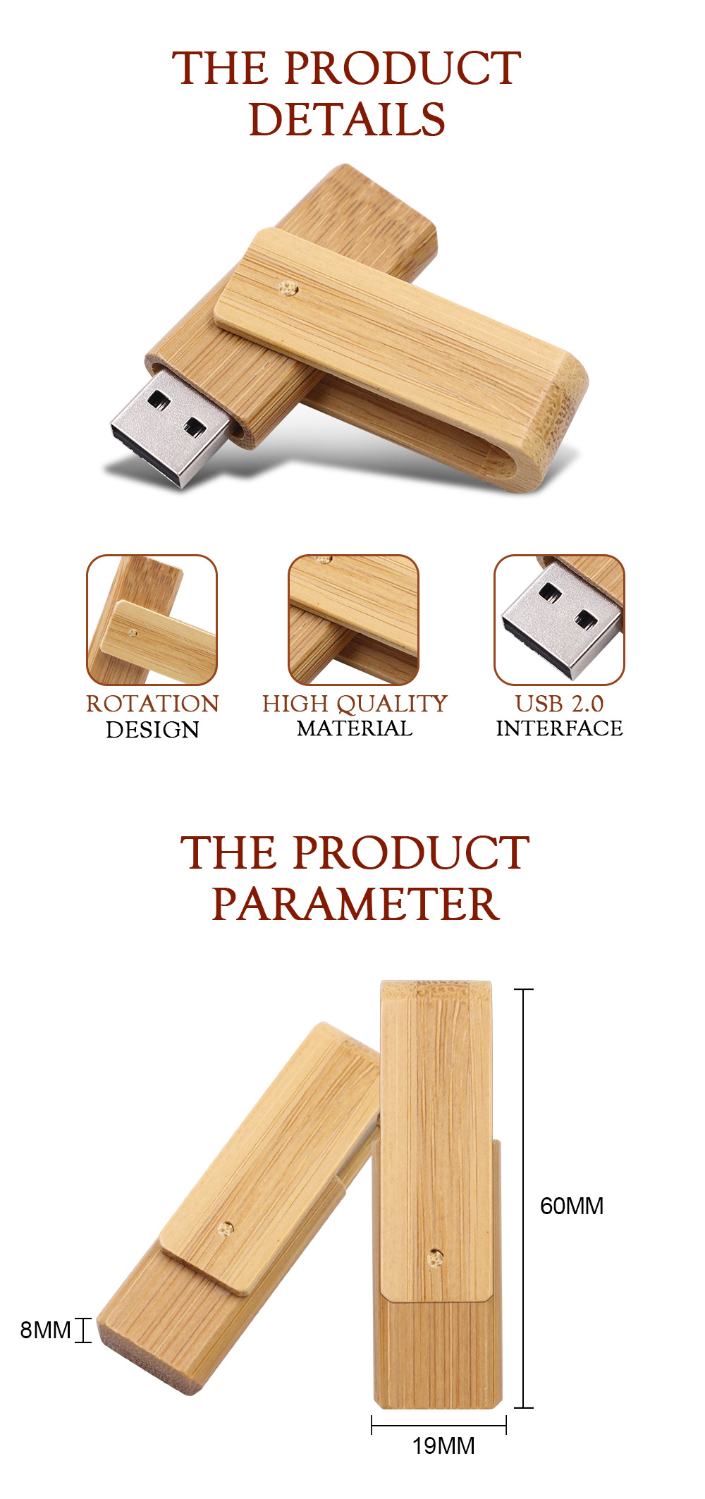 360 Degree Rotatable Wooden USB 16GB Thumb Flash Drive for Date Storage 8