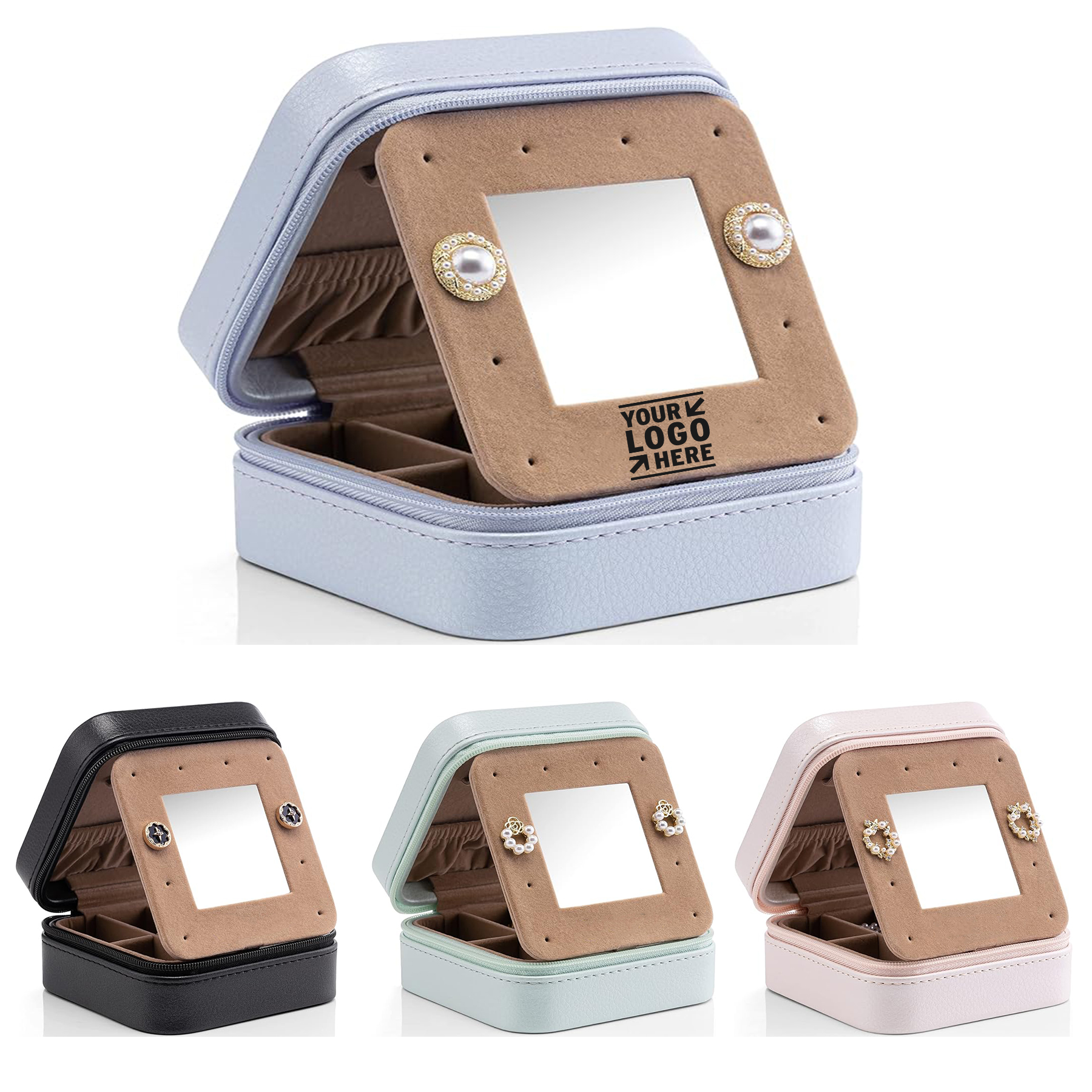 Women Girls Portable Plush Velvet Small Travel Jewelry Box Ring Necklace Storage Case with Mirror 2