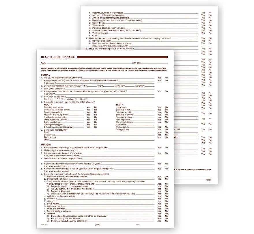 Dental Health History Questionnaires, 2 Sided, No Hole Punch 1