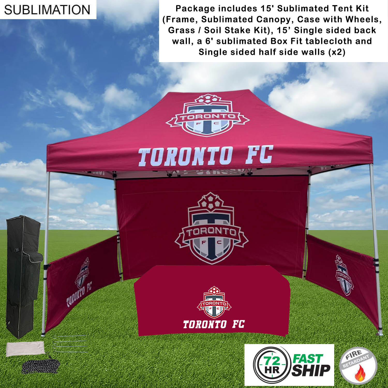 72Hr Fast Ship - Supreme Event Package, 15' Tent,15' Backwall, 2 Half sidewalls, 6' Box tablecloth 15