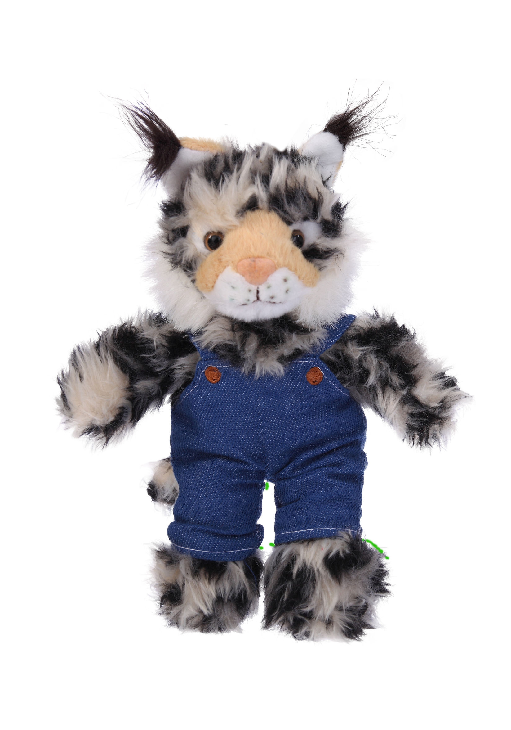 Soft Plush Stuffed Wild Cat (Lynx) in denim overall.