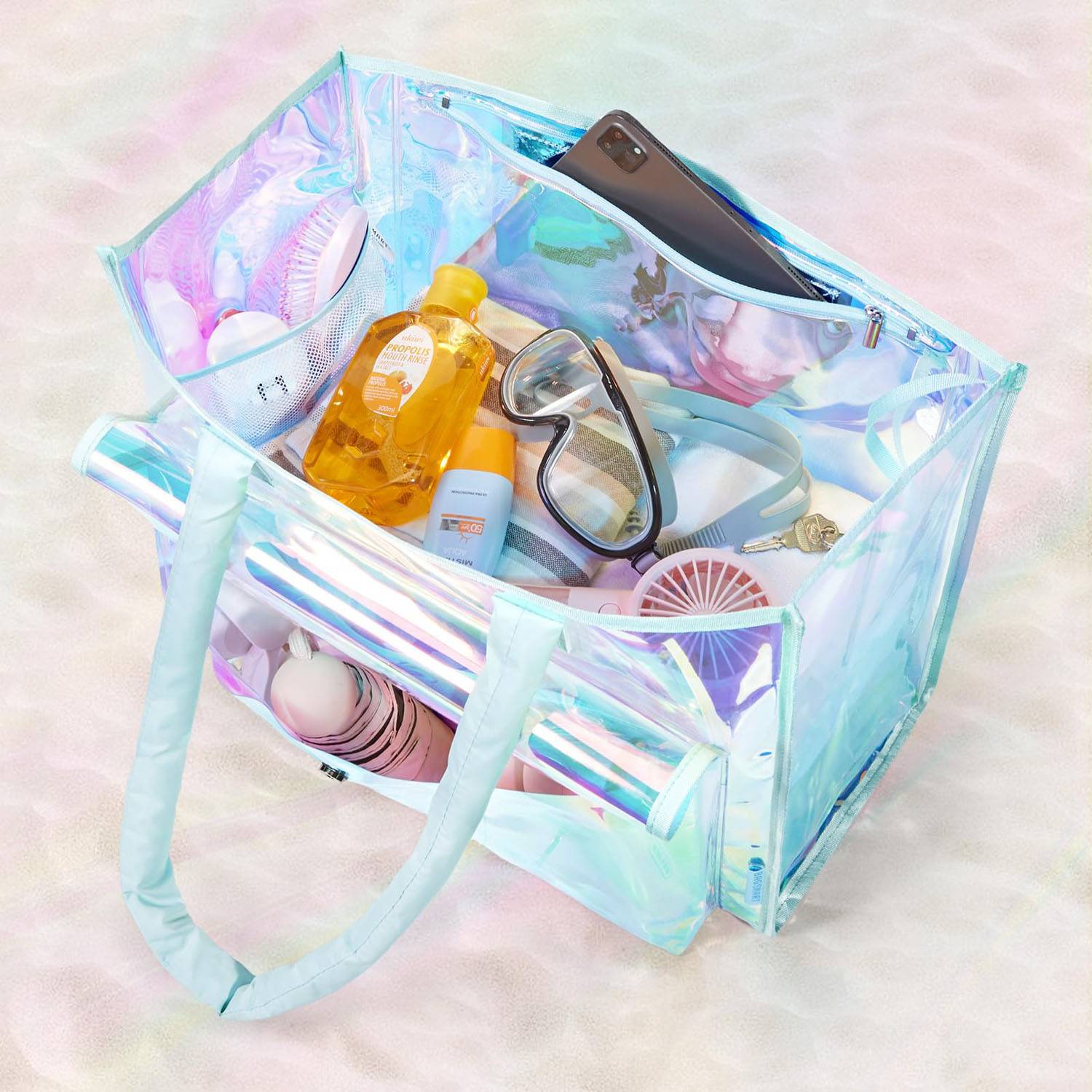 Holographic PVC Waterproof Beach Tote Bag w/ Phone Pouch 6