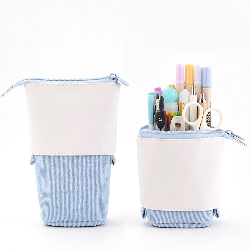 PU & Corduroy Stand-up Retractable Pen Pencil Organizer Bag 7