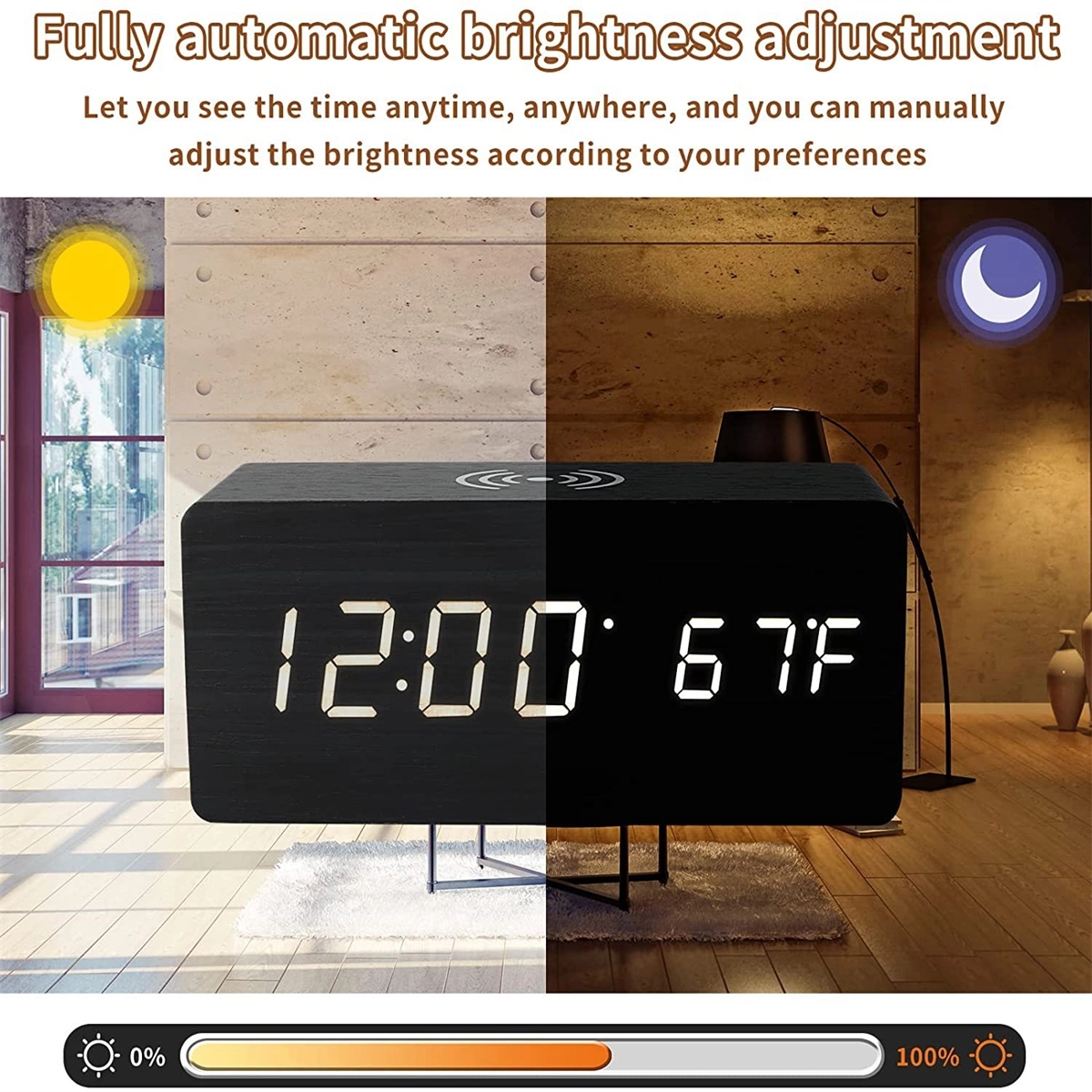 Digital Wooden Alarm Clock with Wireless Charging 4