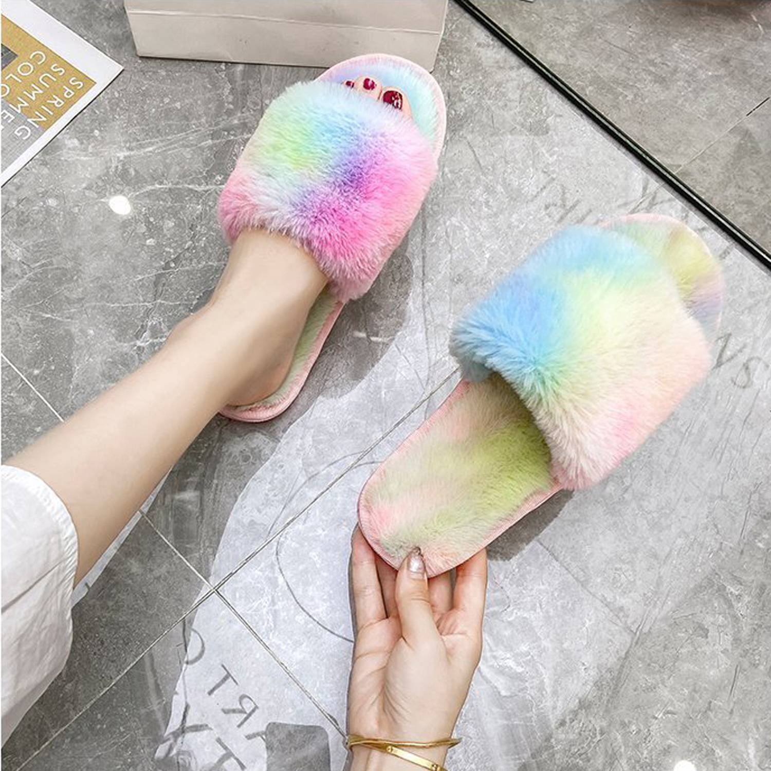 Soft Sole Anti-Slip Rainbow Plush Home Slippers 6