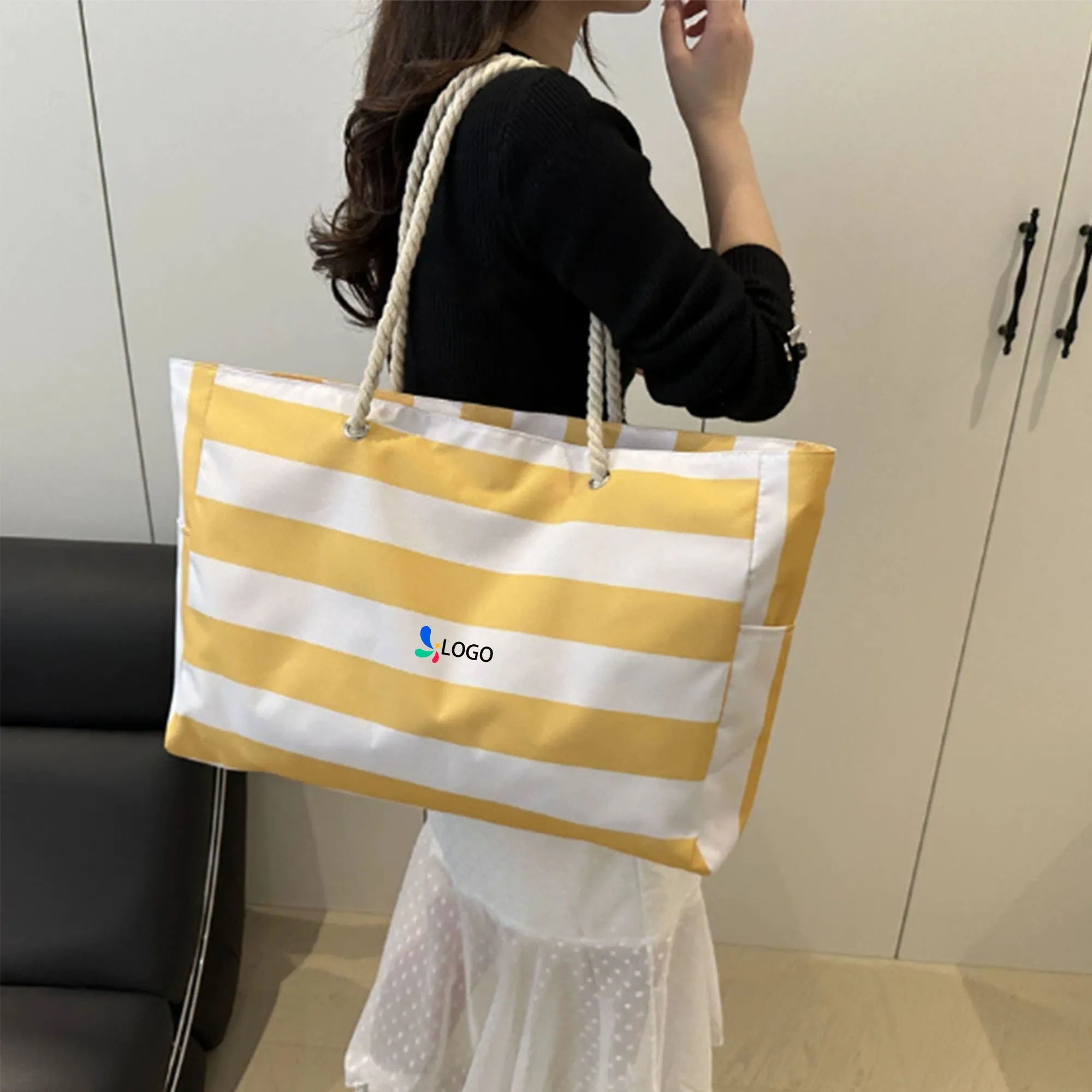 Large Striped Waterproof Beach Tote Bag 3