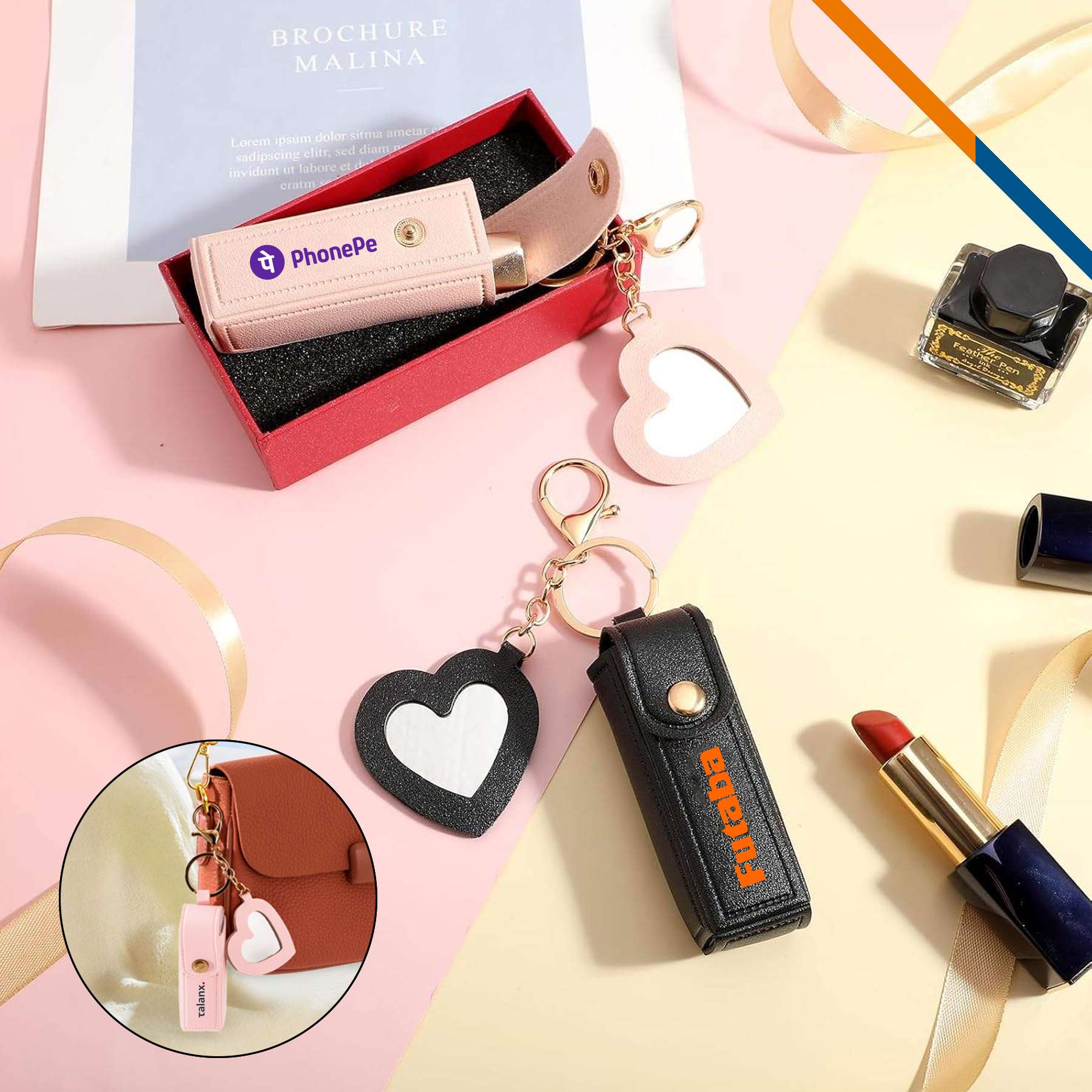 Zipin Mini PU Leather Mirror Lipstick Keychain Pouch 2